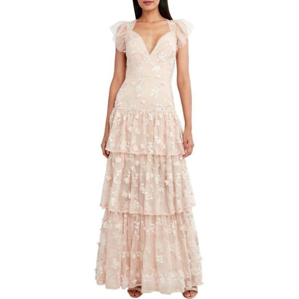 BCBG Willow Embroidered Ruffle Evening Dress